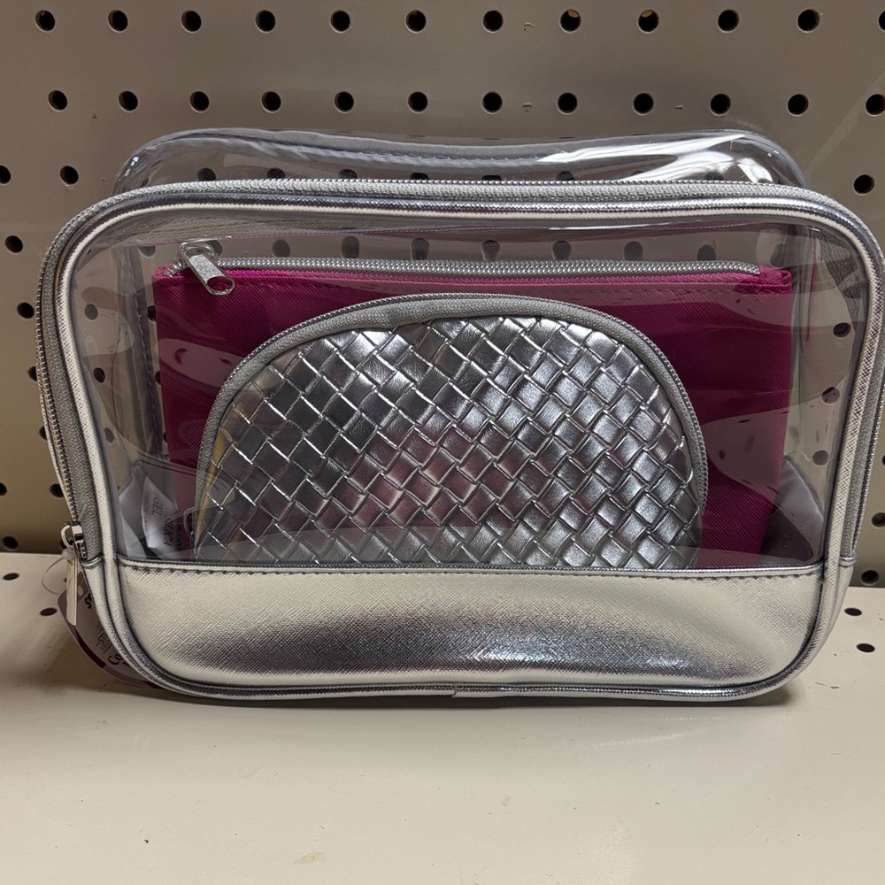 Silver and Pink Cosmetic Bag Set